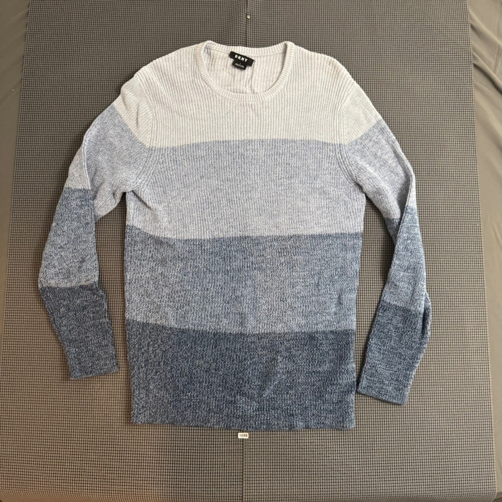 DKNY Mens Colorblock Ribbed Knit Crewneck Sweater Blue Grey Large 1688